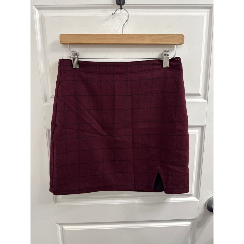 Abercrombie & Fitch Burgundy Grid Windowpane Mini Skirt Front Slit Dark Red S